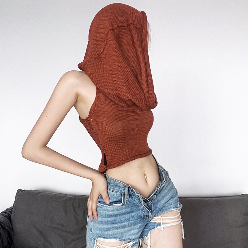 Weird Puss Áo Dệt Kim Sát Nách Có Nón Thiết Kế Khoét Rỗng Phong Cách Vintage Mùa Hè Cho Nữ