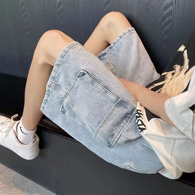 Quần Short Denim Ống Rộng Phối Nhiều Túi Phong Cách Hong Kong Thời Trang Mùa Hè Cho Nam