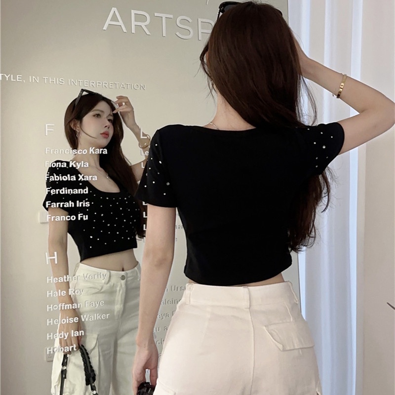 Áo Thun Tay Ngắn Cổ Chữ U Đính Đá Thời Trang Mùa Hè Dành Cho Nữ