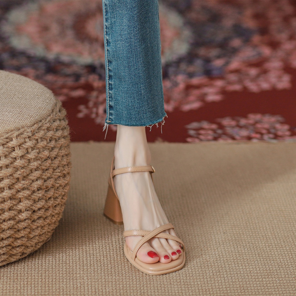 Duoya Tóc Thẳng ~ [Hàng Có Sẵn] Giày Cao Gót Da Mềm Dây Đan Chéo Màu Mơ Đơn Giản Cho Nữ Miễn Phí Vận Chuyển