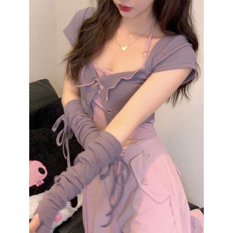 COZOK Bộ Áo cardigan Ngắn Tay + Áo Sát Nách Thời Trang Quyến Rũ Cho Nữ