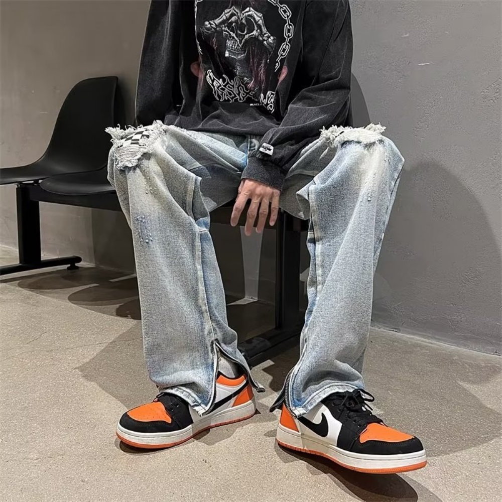 Quần Jean Dài Dáng Suông Phối Khóa Kéo Kiểu Đường Phố Âu Mỹ Thời Trang Mùa Thu Cho Nam