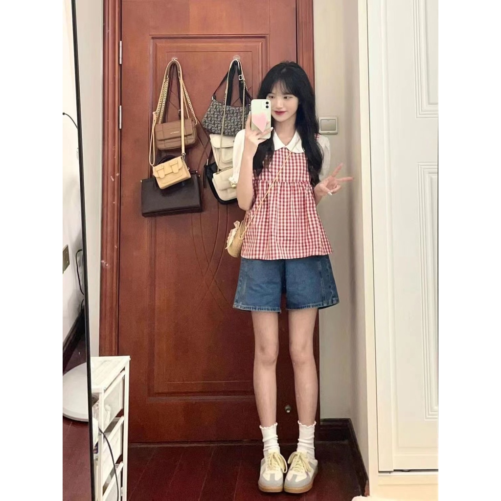 Áo Sơ Mi Hai Dây Kẻ Caro Đỏ Phong Cách Preppy Thời Trang Mùa Hè 2023 Mới Cho Nữ