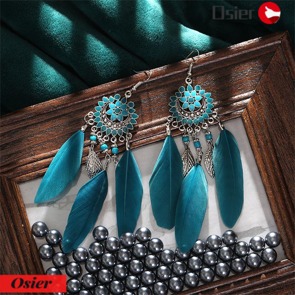 Bông Tai Dáng Dài Phối Lông Vũ Tua Rua Phong Cách Bohemian Thời Trang Dự Tiệc 1 Cái