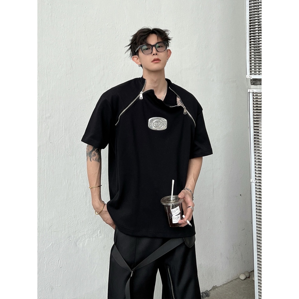 Áo Thun Ngắn Tay Cao Cấp Thiết Kế Khóa Kéo Đôi Phong Cách Hip Hop Đường Phố Mỹ Mùa Hè