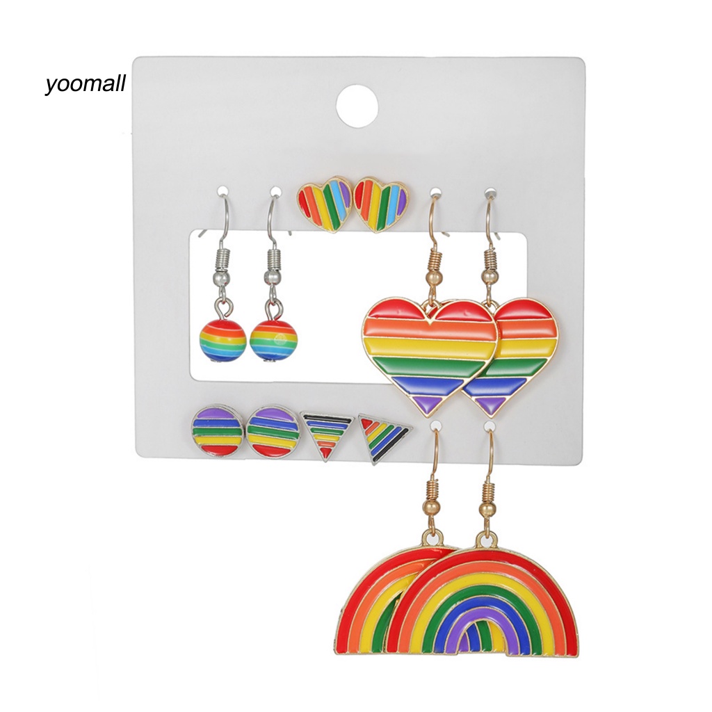 Set 6 Đôi Bông Tai Dáng Dài Bằng Hợp Kim Màu Sắc Cầu Vồng Thời Trang Cho Nam Và Nữ