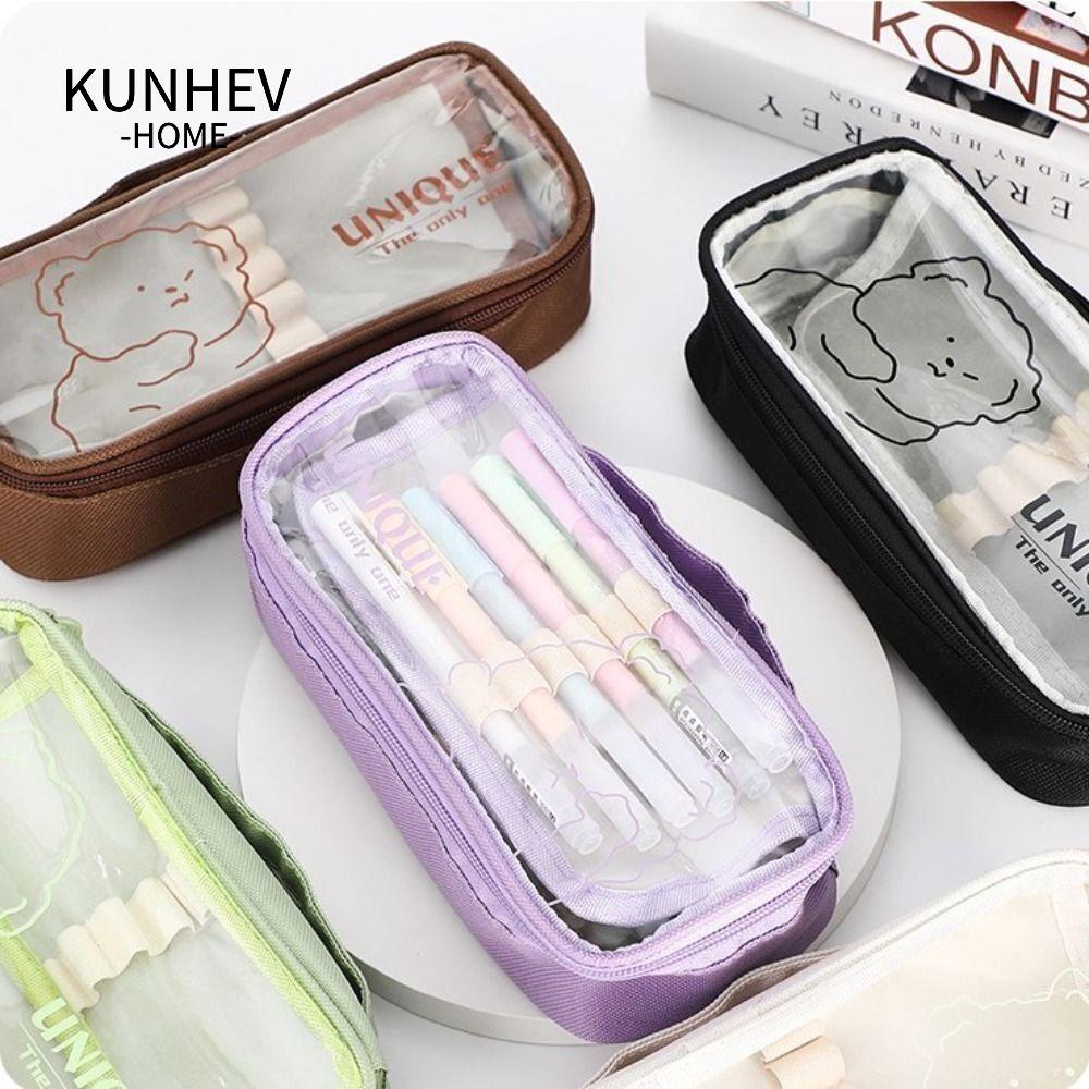 KUNHEV Túi Đựng Bút / Mỹ Phẩm Hình Vuông In Hoạt Hình Gấu Dễ Thương Cho Học Sinh