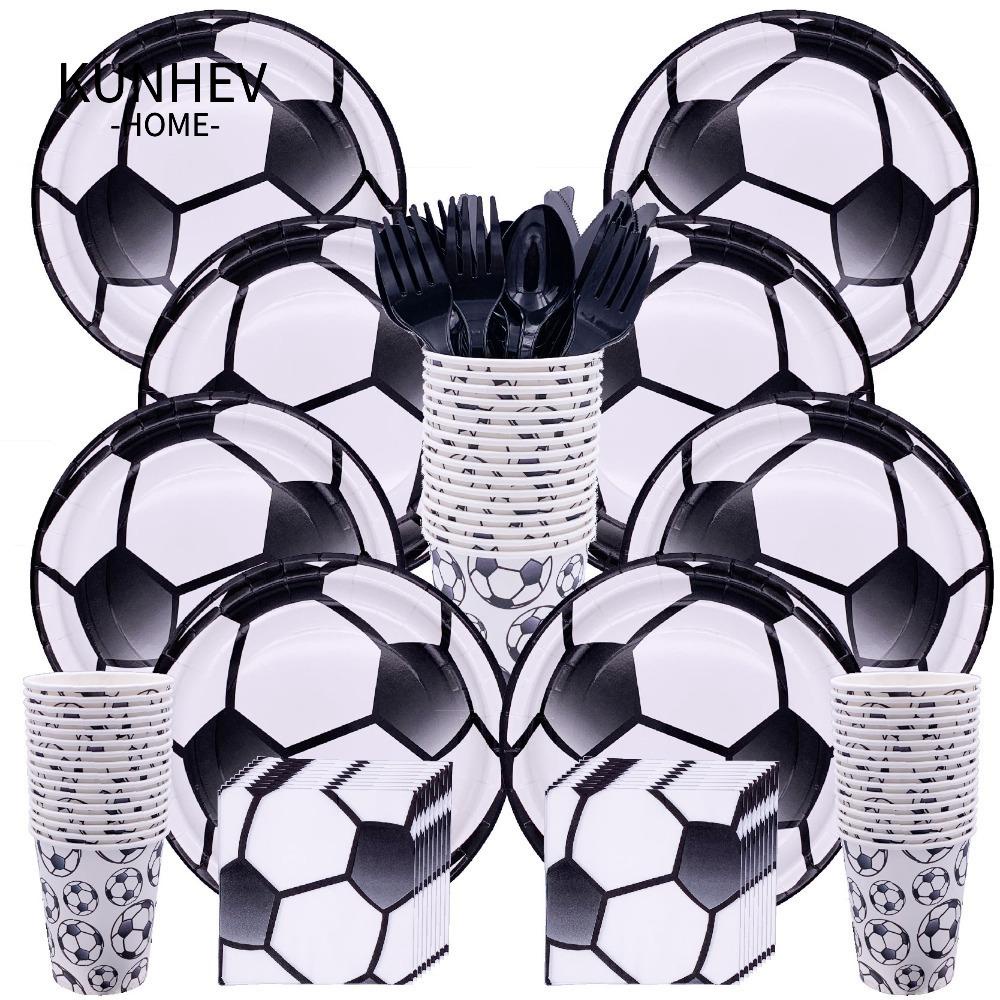 KUNHEV Bộ Dụng Cụ Ăn Uống Họa Tiết Bóng Đá Dùng Một Lần Dành Cho Tiệc Sinh Nhật Bé Trai