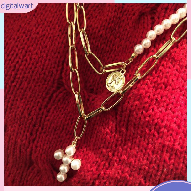 Vòng cổ Hai Lớp Mặt Hình Thánh Giá Đính Ngọc Trai Thời Trang