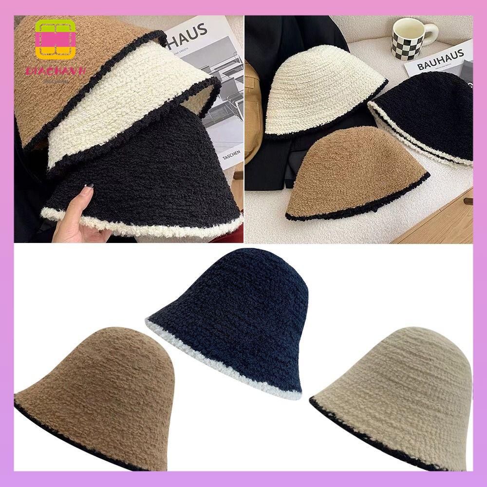 DIACHAVN Mũ Bucket Dệt Kim Phối Ren Màu Tương Phản Thời Trang Mùa Đông Xinh Xắn