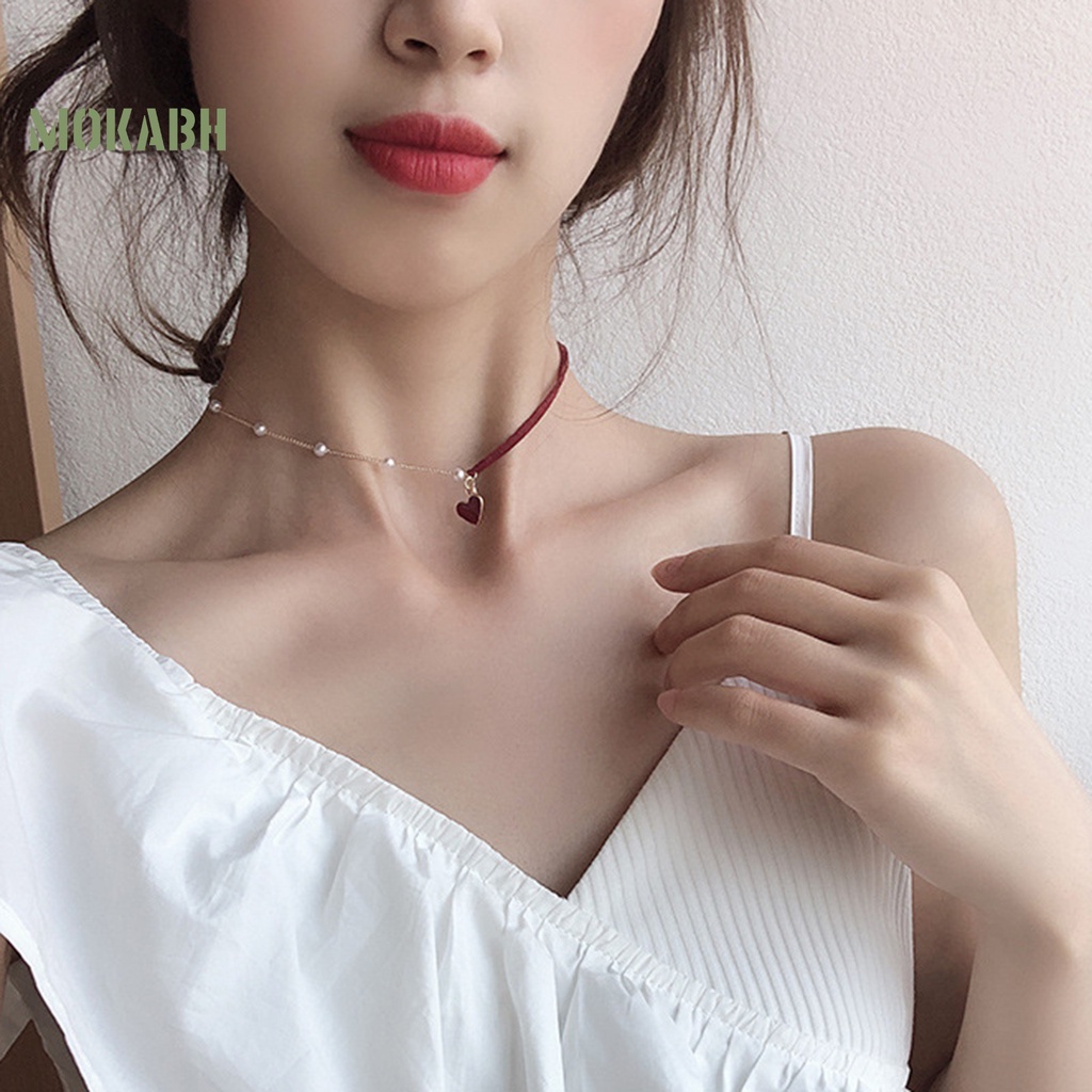 Vòng Cổ Choker Hình Trái Tim Đính Hạt Ngọc Trai Nhân Tạo Thời Trang