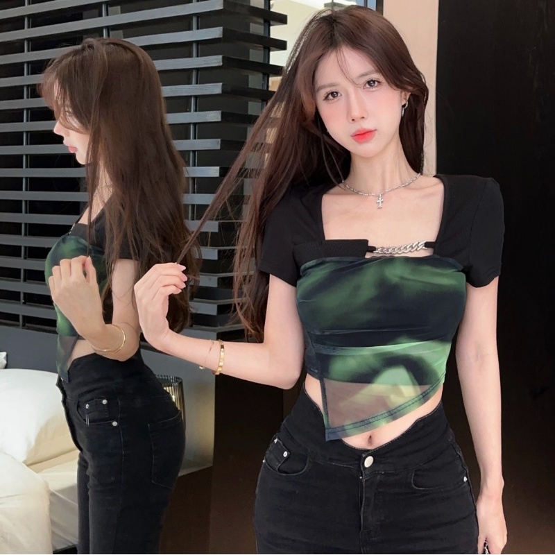 COZOK Áo Thun Ngắn Tay Nhuộm Màu Gợi Cảm Thời Trang