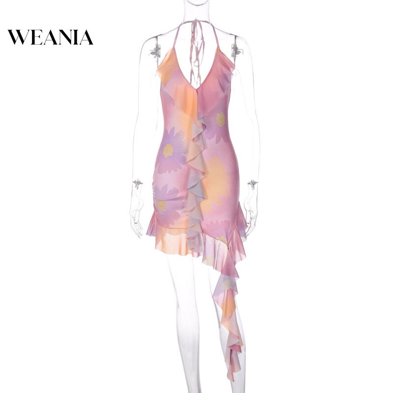 Đầm Mini Cổ Chữ V Hở Lưng Nhún Bèo Thời Trang Đi Biển Mùa Hè Cho Bạn Gái