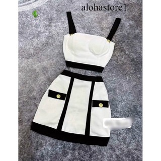 Set đầm ôm áo hai dây kèm chân váy chữ A sang chảnh, Sét bộ áo 2 dây croptop phối chân váy, chất thun gân mềm  💕💕💕Pc