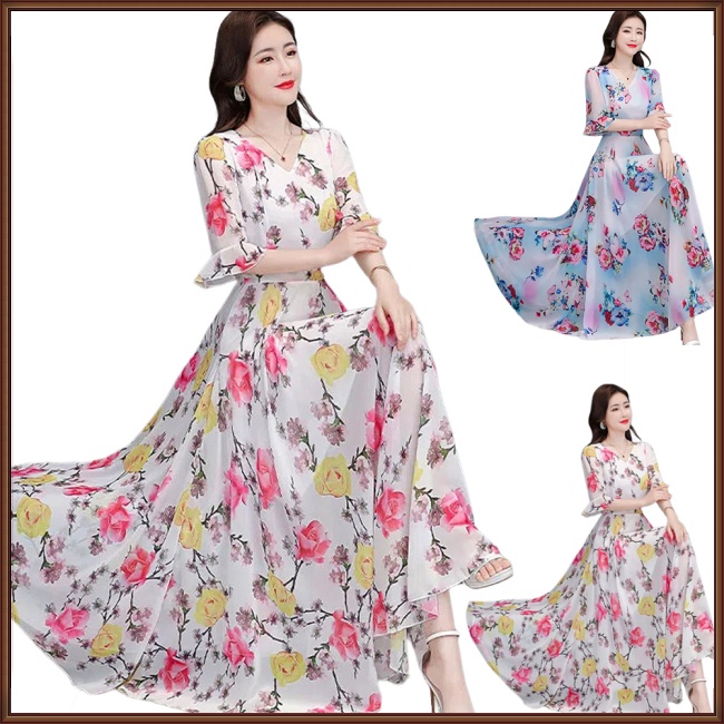 Đầm Midi Chữ A Tay Ngắn Cổ Chữ V In Họa Tiết Hoa Thanh Lịch Thời Trang Mùa Hè Cho Nữ