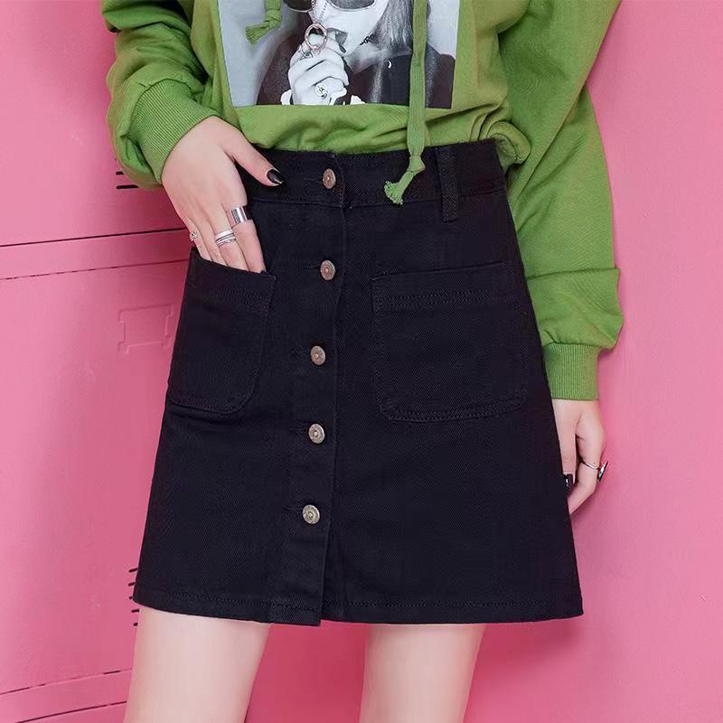 Váy denim mùa hè phụ nữ a-line váy eo cao túi hông học sinh mỏng và siêu hot váy ngắn