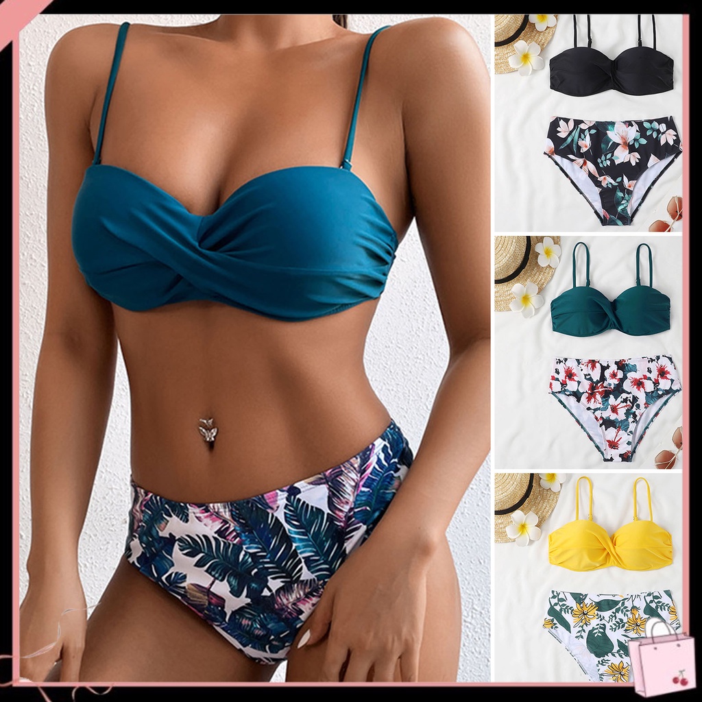 {Soltweter} Bộ Đồ Bơi Bikini Lưng Cao Có Đệm Nâng Ngực Màu Trơn In Hoa Cho Hoạt Động Dưới Nước