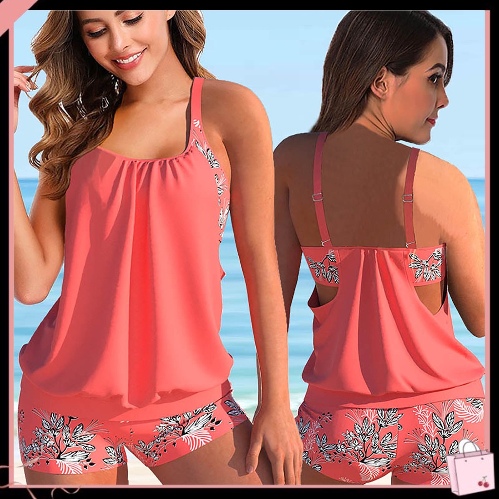 Bộ Đồ Bơi 2 Mảnh Không Tay Cổ Chữ U Màu Trơn In Hoa Thoáng Khí Thời Trang Đi Biển Cho Nữ