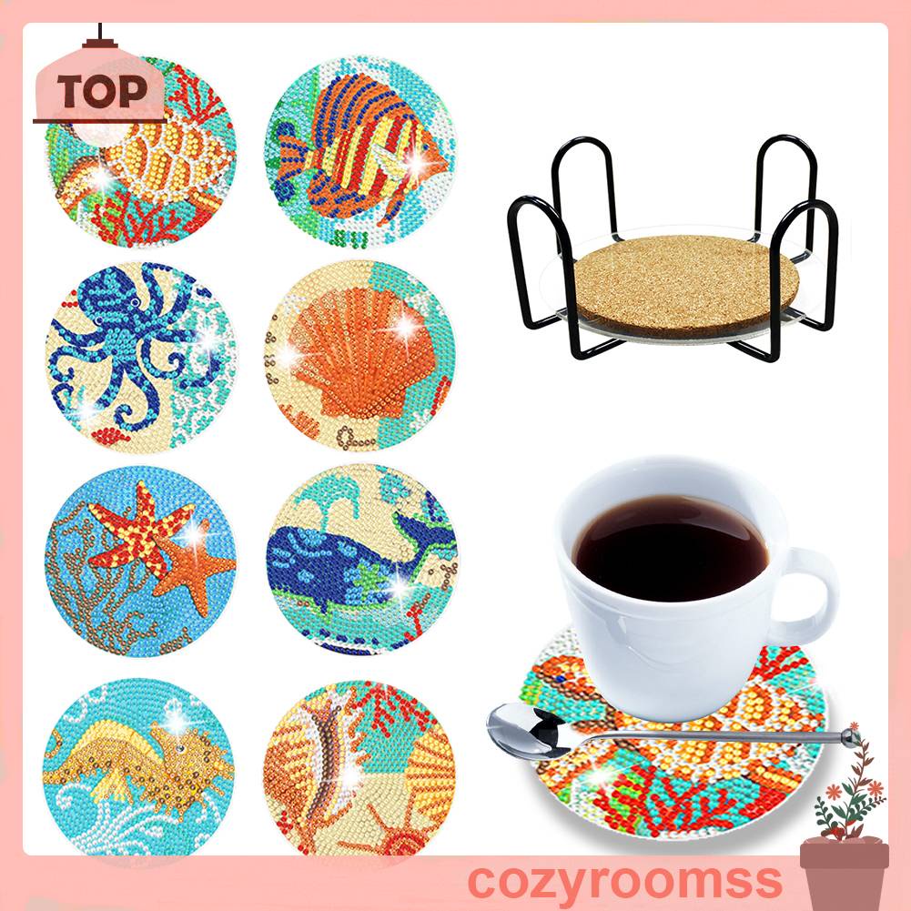 Bộ 8 Tấm Lót Ly Họa Tiết Tranh Đính Đá Cỡ Nhỏ Độc Đáo DIY