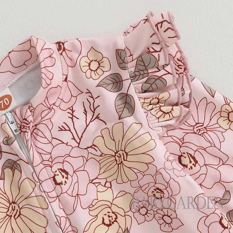 Bộ Áo Liền Quần Tay Dài Cổ Tròn In Hoa Có Khóa Kéo Dành Cho Bé Gái 0-24 Tháng Tuổi