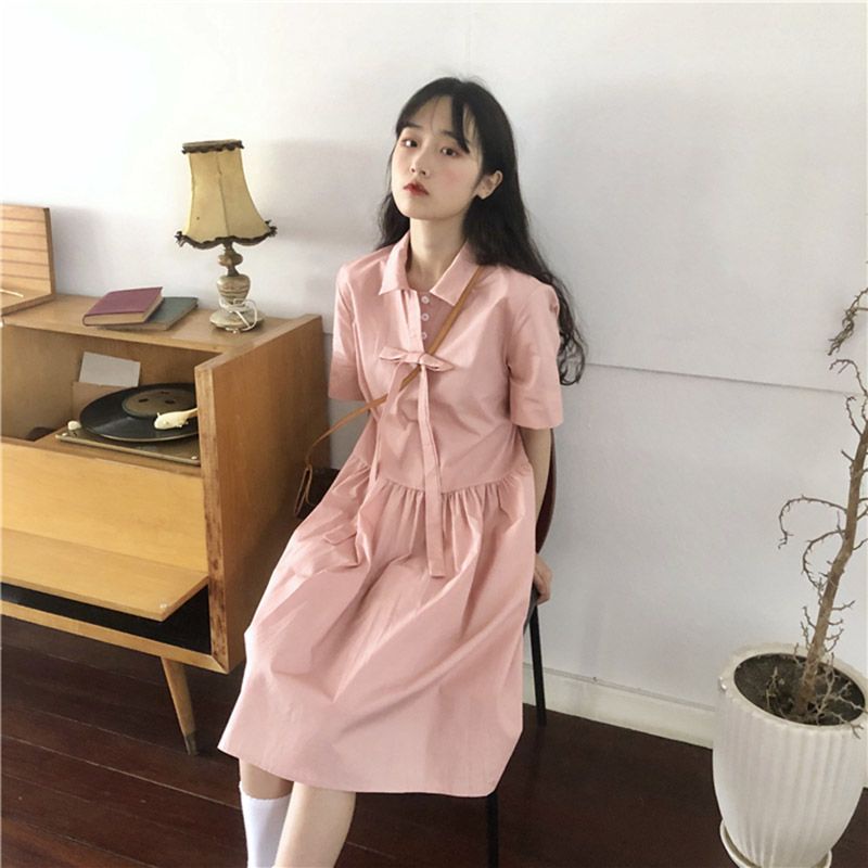 Đầm Tay Ngắn Dáng Rộng Phối Nơ Phong Cách Hàn Quốc Thời Trang Mùa Hè Mới Cho Nữ