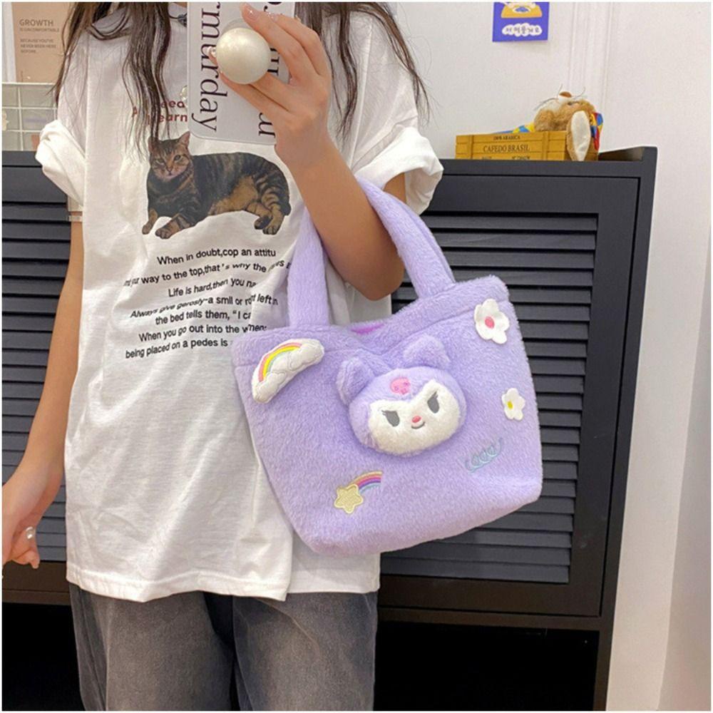 Túi Đeo Chéo Bằng Lông Nhung Sức Chứa Lớn Họa Tiết Kuromi Cinnamoroll Hoạt Hình Cho Bé