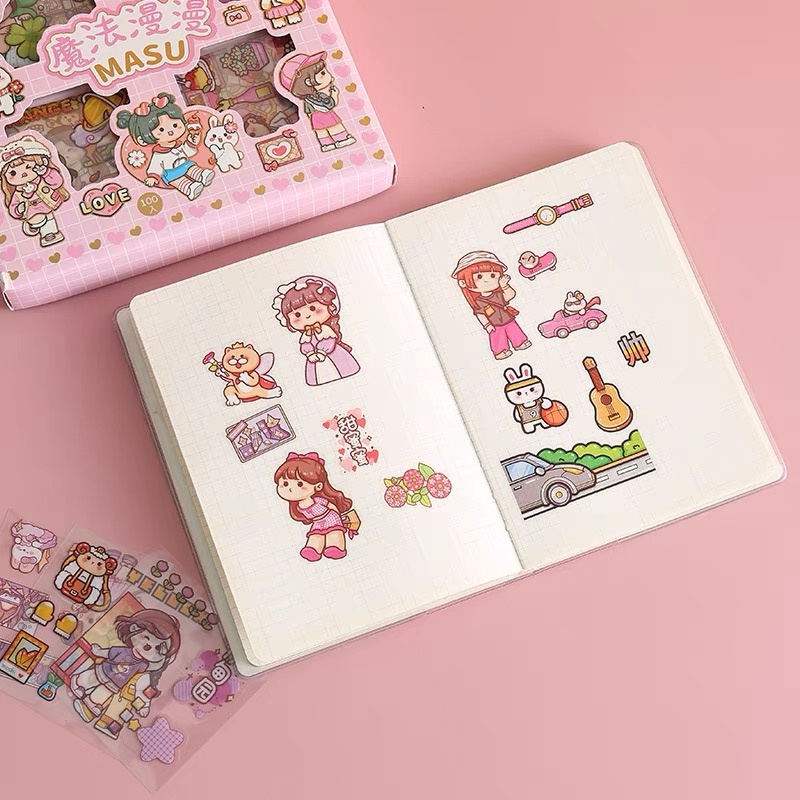 Set 100 Miếng Dán Pet Họa Tiết Hoạt Hình Trang Trí Sổ Tay Cho Bé