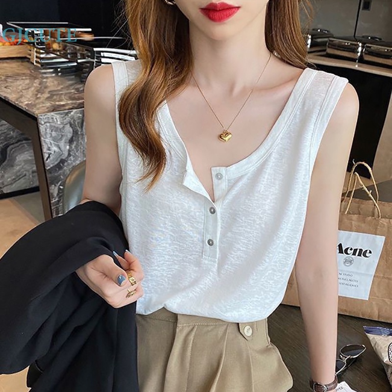 Áo Hai Dây Mùa Hè Dáng Suông Cài Nút Màu Trơn Cho Nữ