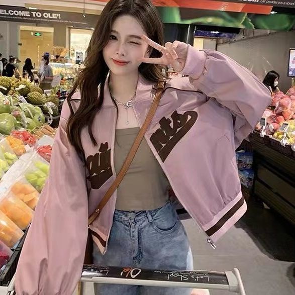 Áo Khoác Bóng Chày Cổ Đứng Dáng Rộng Thêu Chữ Thời Trang Xuân Thu Cho Nữ