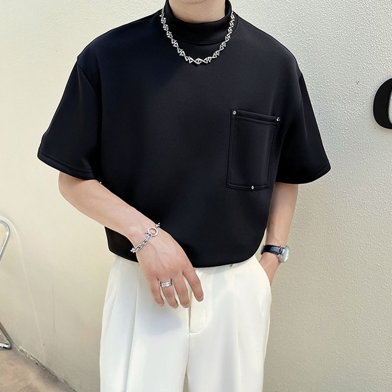 INCERUN Áo Thun Tay Ngắn Cổ Cao Màu Trơn Phối Túi Cá Tính