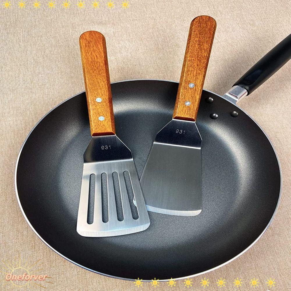 Bộ 2 Thìa Kim Loại Tay Cầm Gỗ Đầu Phẳng Dành Cho Nhà Bếp