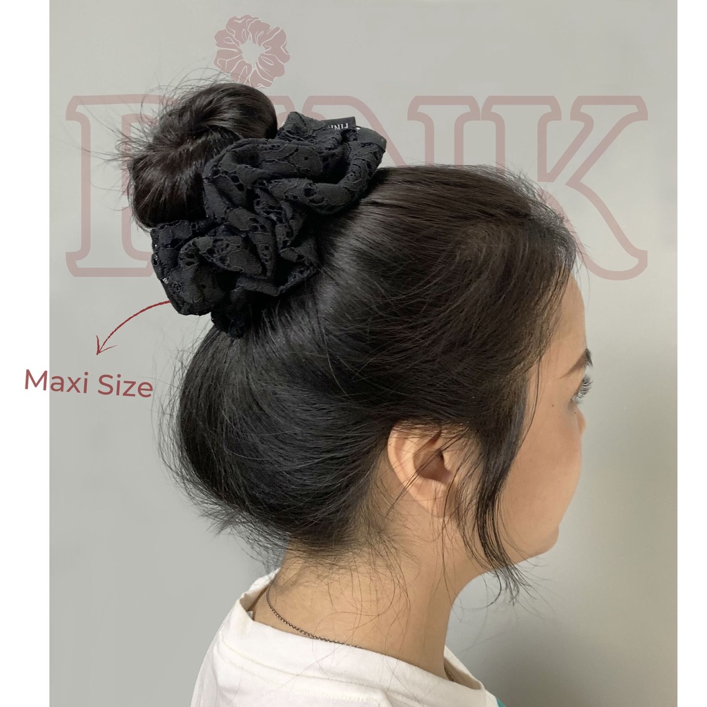 Scrunchie Dây Cột Tóc Vải Ren Đen