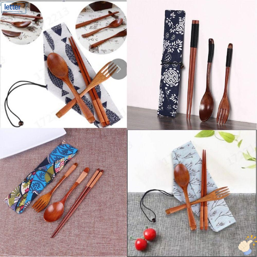 LET Bộ 4 Dụng Cụ Ăn Bằng Gỗ Gồm Muỗng, Nĩa Và Đũa Kèm Túi Đựng Tiện Lợi