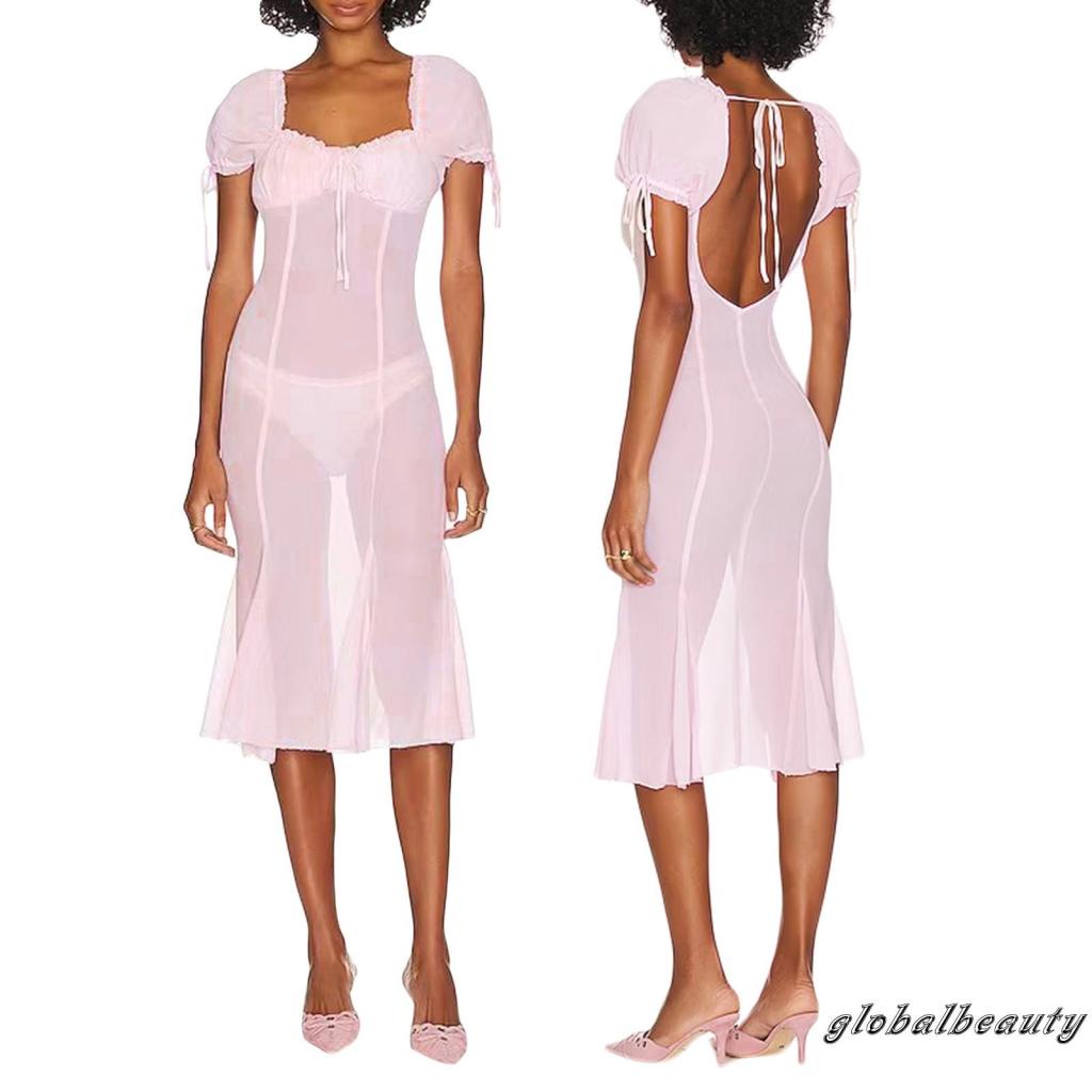 Đầm Midi Phối Lưới Màu Trơn Thiết Kế Tay Phồng Hở Lưng Quyến Rũ Cho Nữ