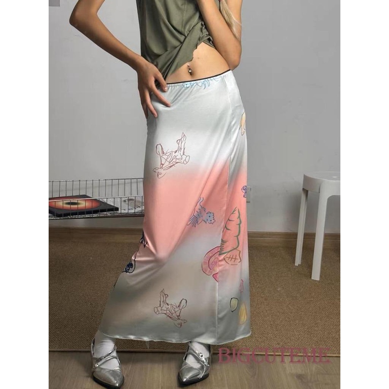 Chân Váy Dài Co Giãn In Họa Tiết Cún Màu Hồng Gradient Thời Trang Mùa Hè Dành Cho Nữ