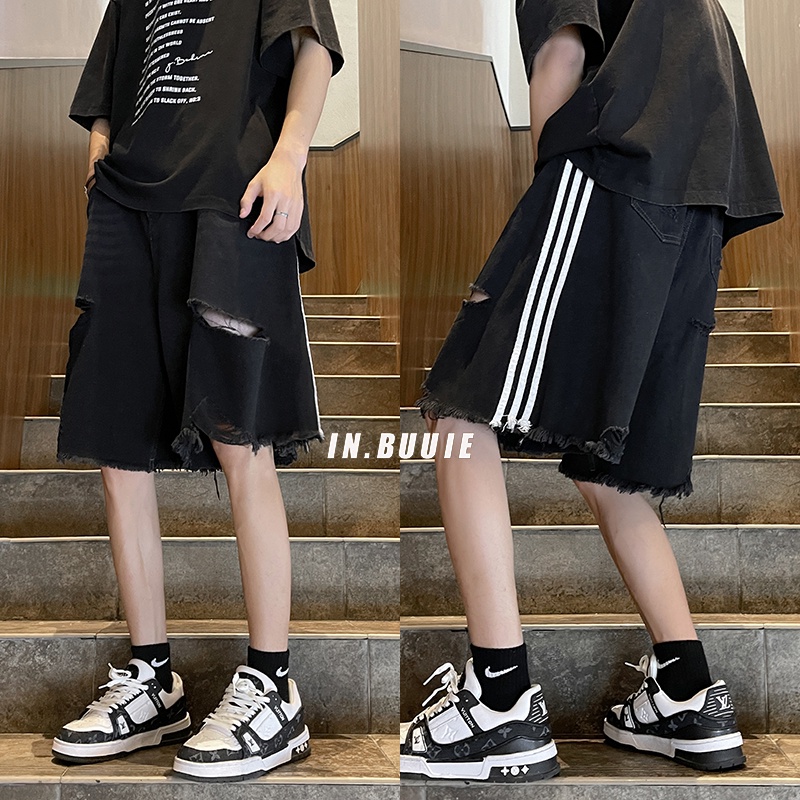 Quần Short Denim Dáng Rộng Phối Rách Kiểu Retro Mỹ Thời Trang Mùa Hè Cho Nam