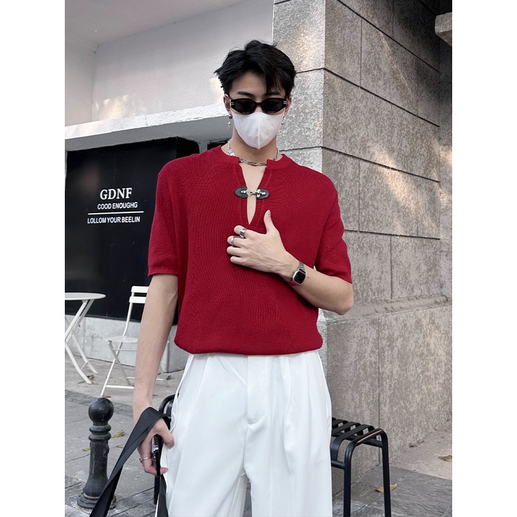 Áo Thun Tay Ngắn Cổ Chữ V Bằng Da Cao Cấp Phối Nút Độc Đáo Thời Trang Mùa Hè