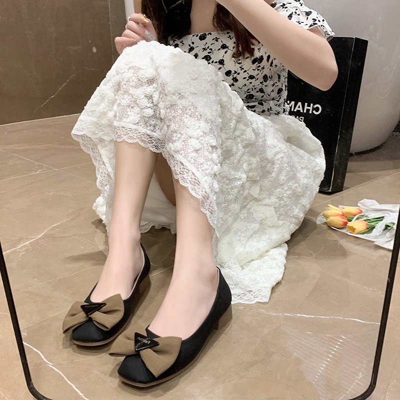 Giày Gót Thấp Mũi Vuông Bằng Da Đính Nơ Thời Trang Cho Nữ