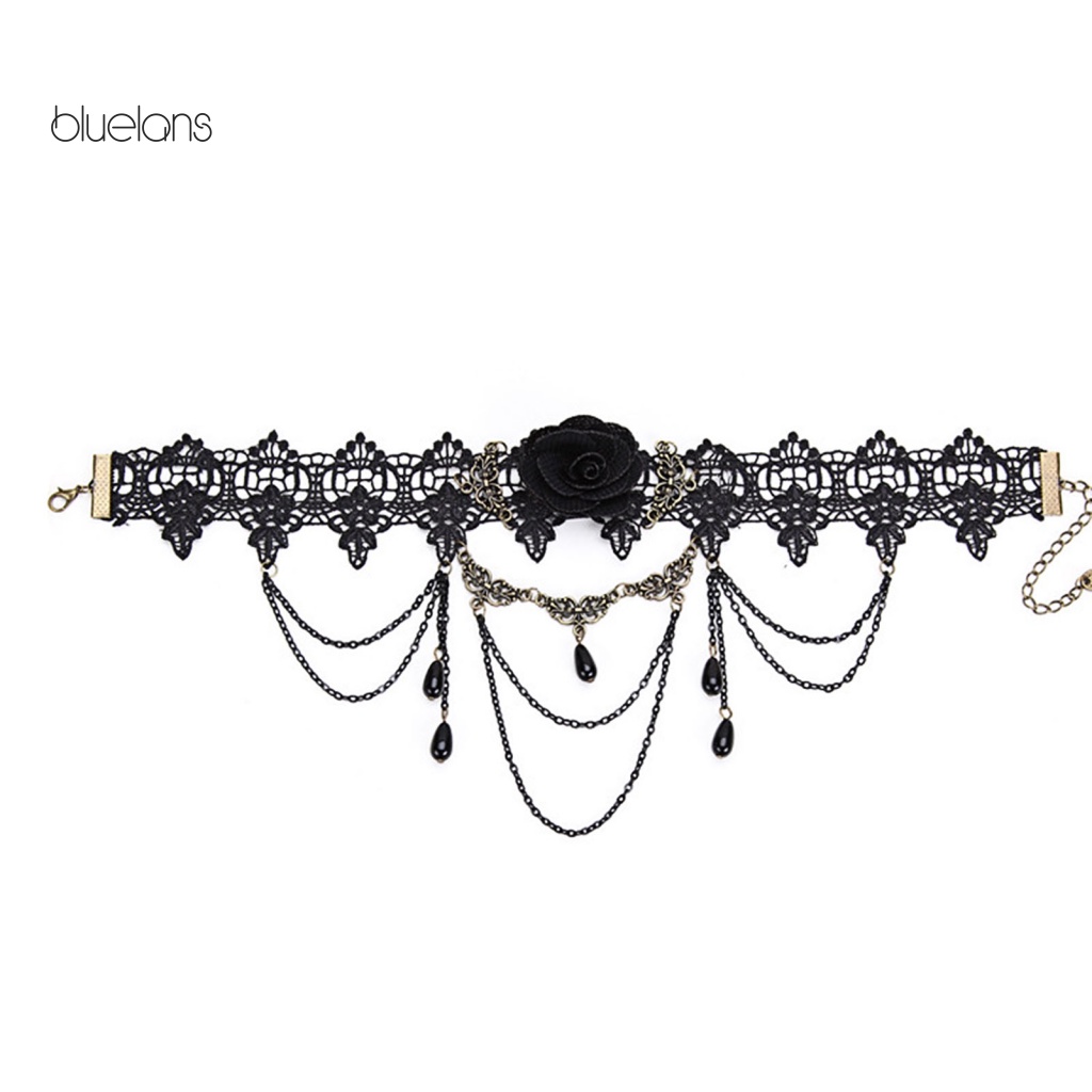 Vòng Cổ Choker Ren Màu Đen Gắn Đá Pha Lê Nhân Tạo Phối Tua Rua Phong Cách Gothic Punk Cho Nữ