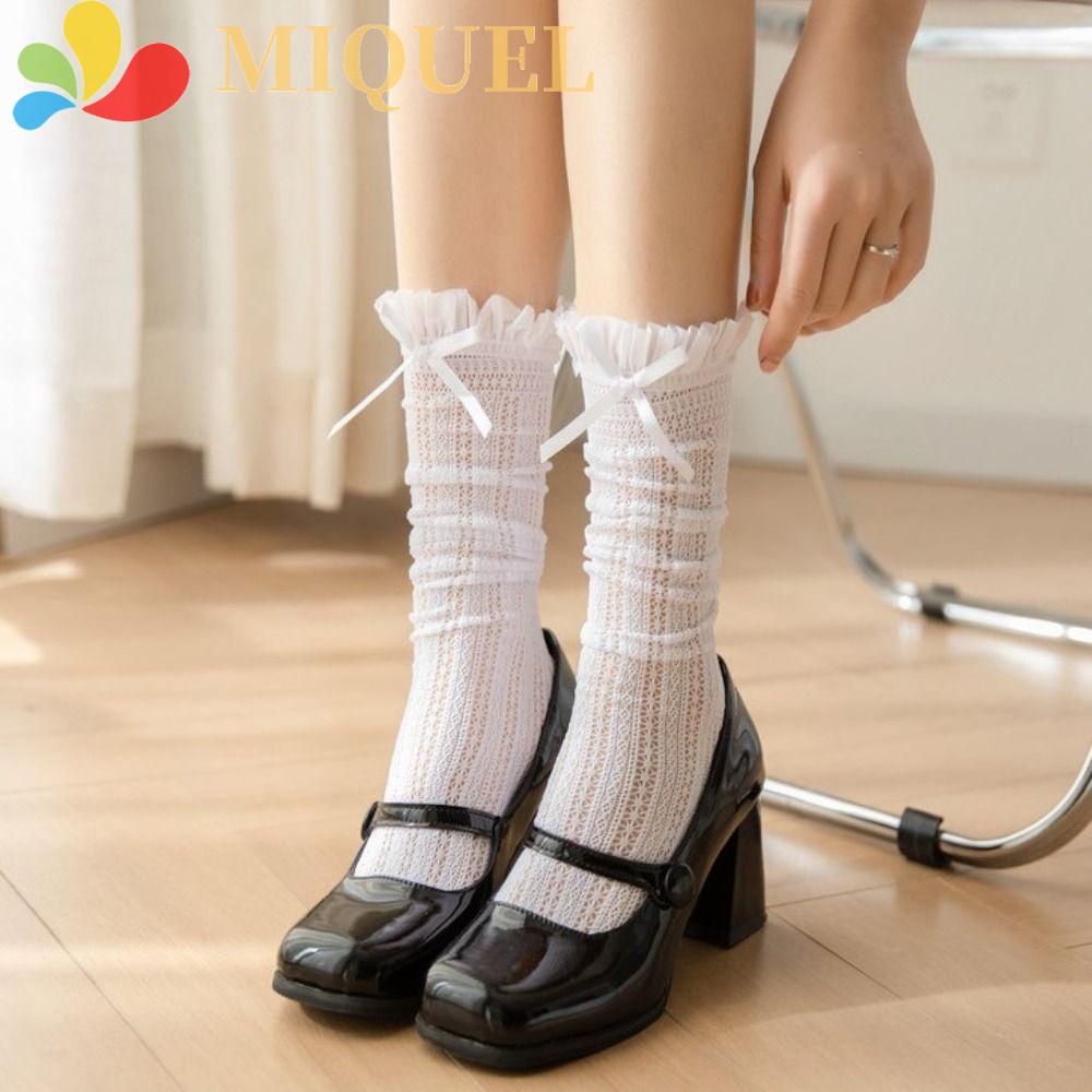 MIQUEL Vớ Ren Màu Đen Ngà Phối Bèo Nhún Siêu Mỏng Y2K Đính Nơ Ngọt Ngào Cho Nữ