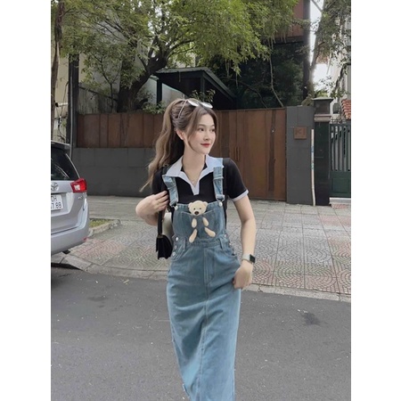 Bigsize Set yếm jeans gấu phối áo thun cổ trụ 55-95kg