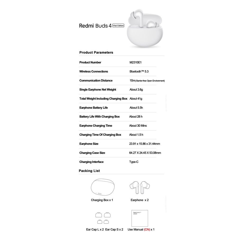 Tai Nghe TWS Không Dây Bluetooth 5.3 Chống Ồn Phiên Bản Hoạt Động Xiaomi Redmi Buds 4 Vital