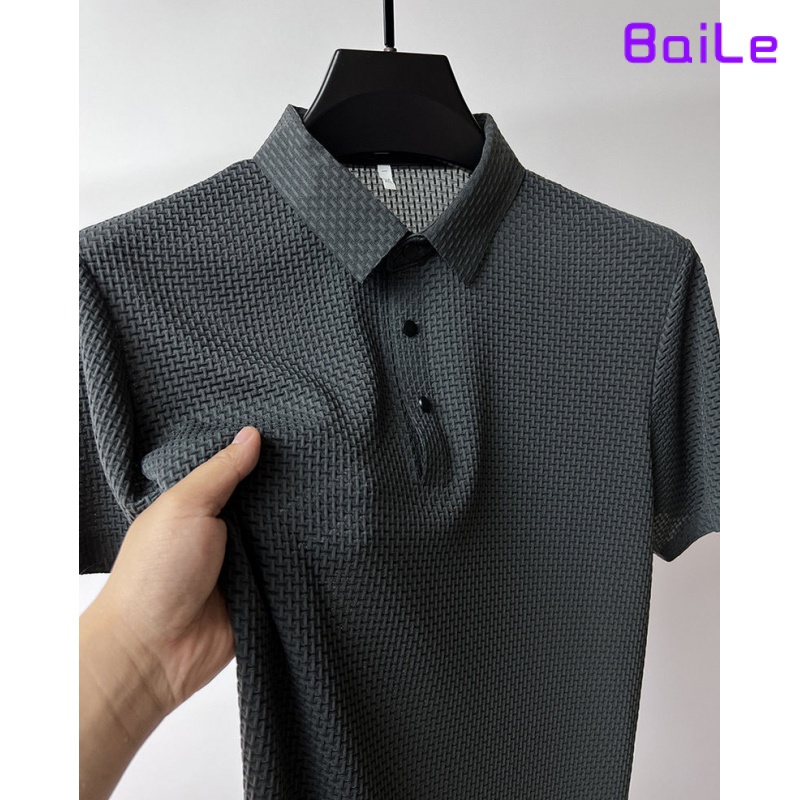 Áo Thun polo Vải Lụa Lạnh Màu Trơn Tay Ngắn Phối Lưới Thời Trang Mùa Hè Cho Nam