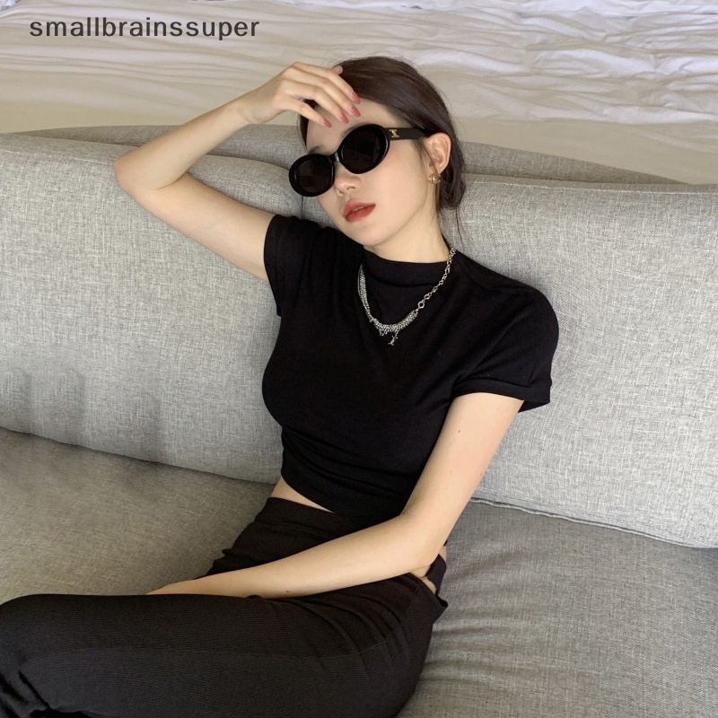 Áo Croptop Tay Ngắn Cổ Lọ Màu Trơn Thời Trang Mùa Hè Quyến Rũ Cho Nữ