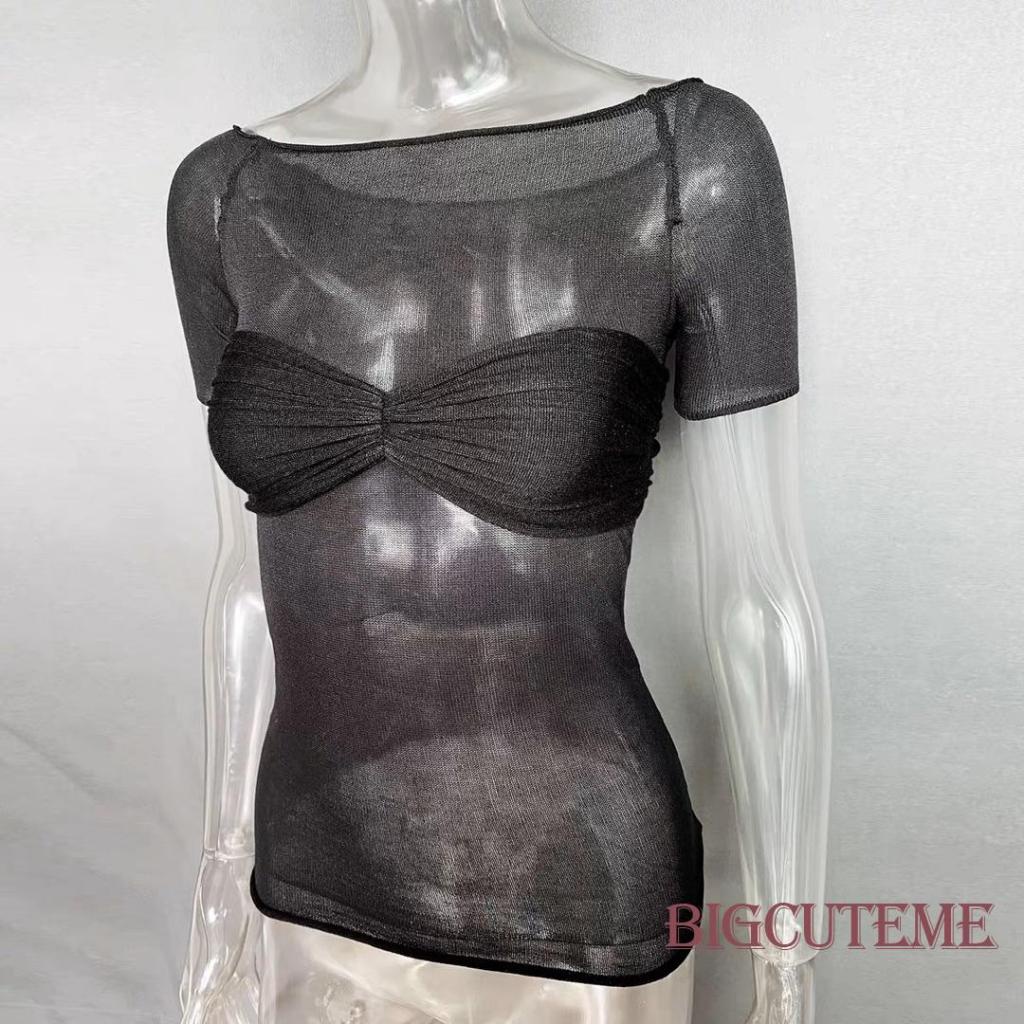 Áo Thun Ngắn Tay Trễ Vai Phối Lưới Thời Trang Mùa Hè Cho Nữ