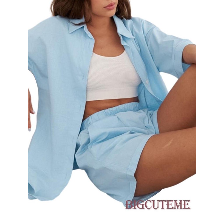 Set Đồ 2 Món Gồm Áo Sơ Mi Tay Ngắn Màu Trơn Dáng Rộng Và Quần Ngắn Cho Nữ