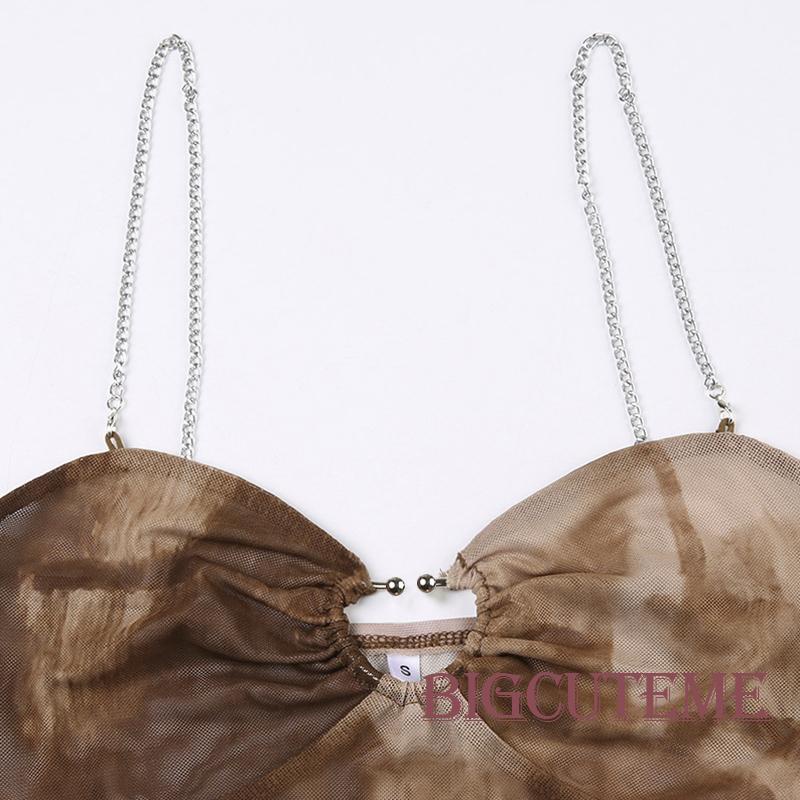 [] - Áo Lưới Camisoles Mỏng In Họa Tiết Trái Tim Khóa Kim Loại Cho Nữ