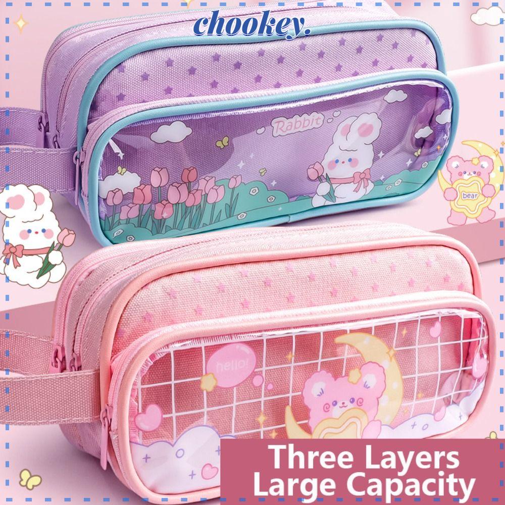 CHOOKEY Túi Đựng Bút Chì / Mỹ Phẩm Ba Tầng Trong Suốt Hình Vuông Có Khóa Kéo Thời Trang