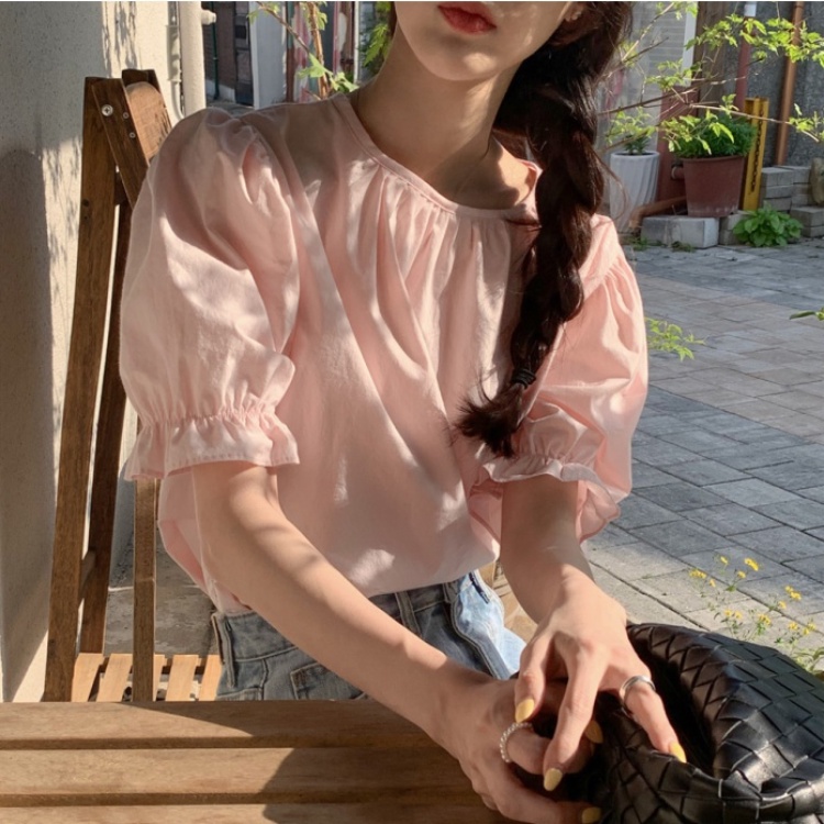 SUXI Áo Sơ Mi Tay Phồng Ngắn Màu Sắc Ngọt Ngào Phong Cách Hàn Quốc