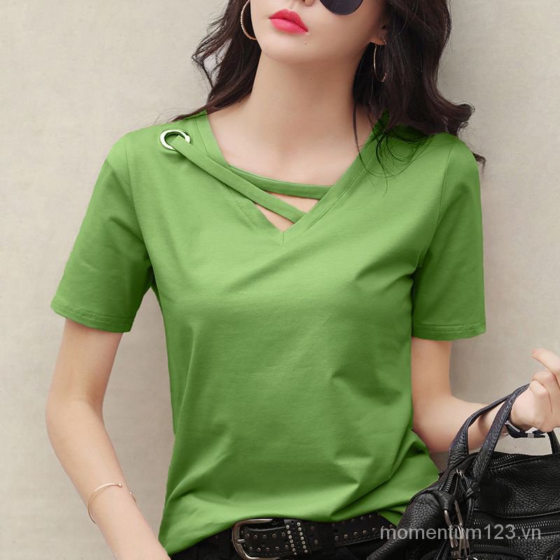 Áo Thun Cotton Tay Ngắn Cổ Chữ V Dáng Rộng Màu Trắng Đen Thời Trang Mùa Hè 2023 Phong Cách Hàn Quốc Cho Nữ